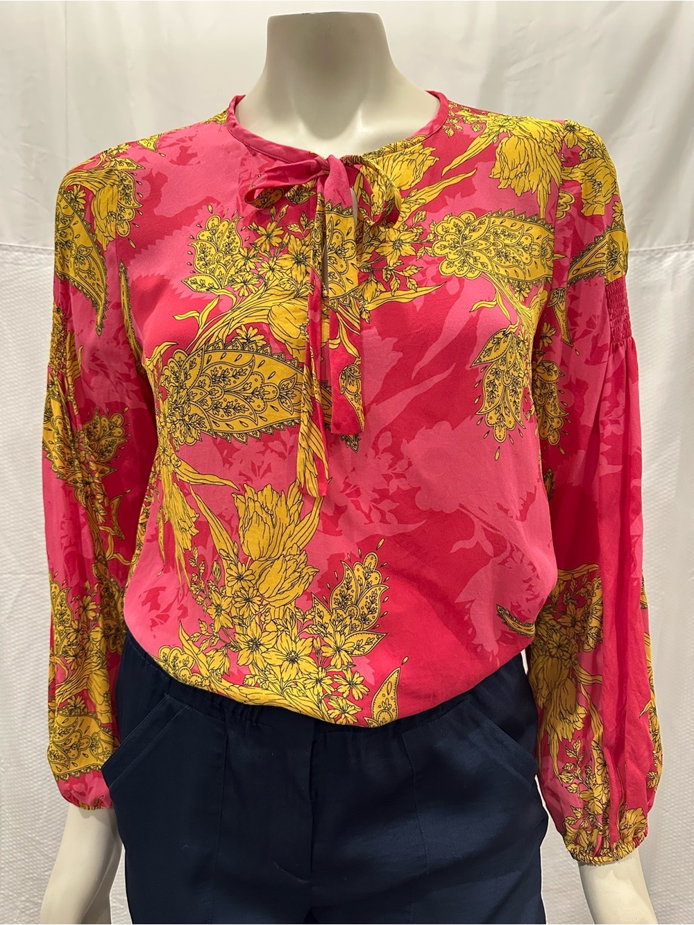 Kobi Halperin Pink and Yellow Floral Tie-Neck Blouse 100% Silk Medium